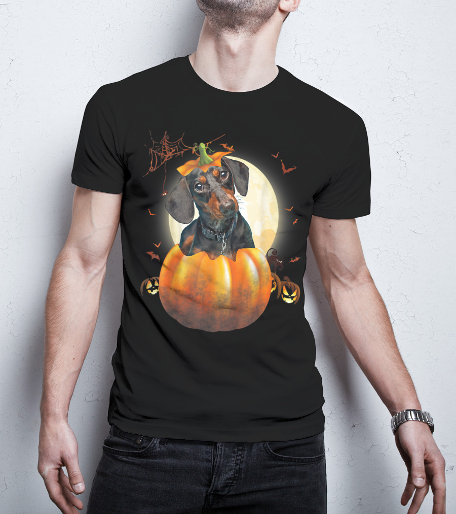Halloween Funny Dachshund Pumpkin Moon Bats Spiderweb T-Shirt