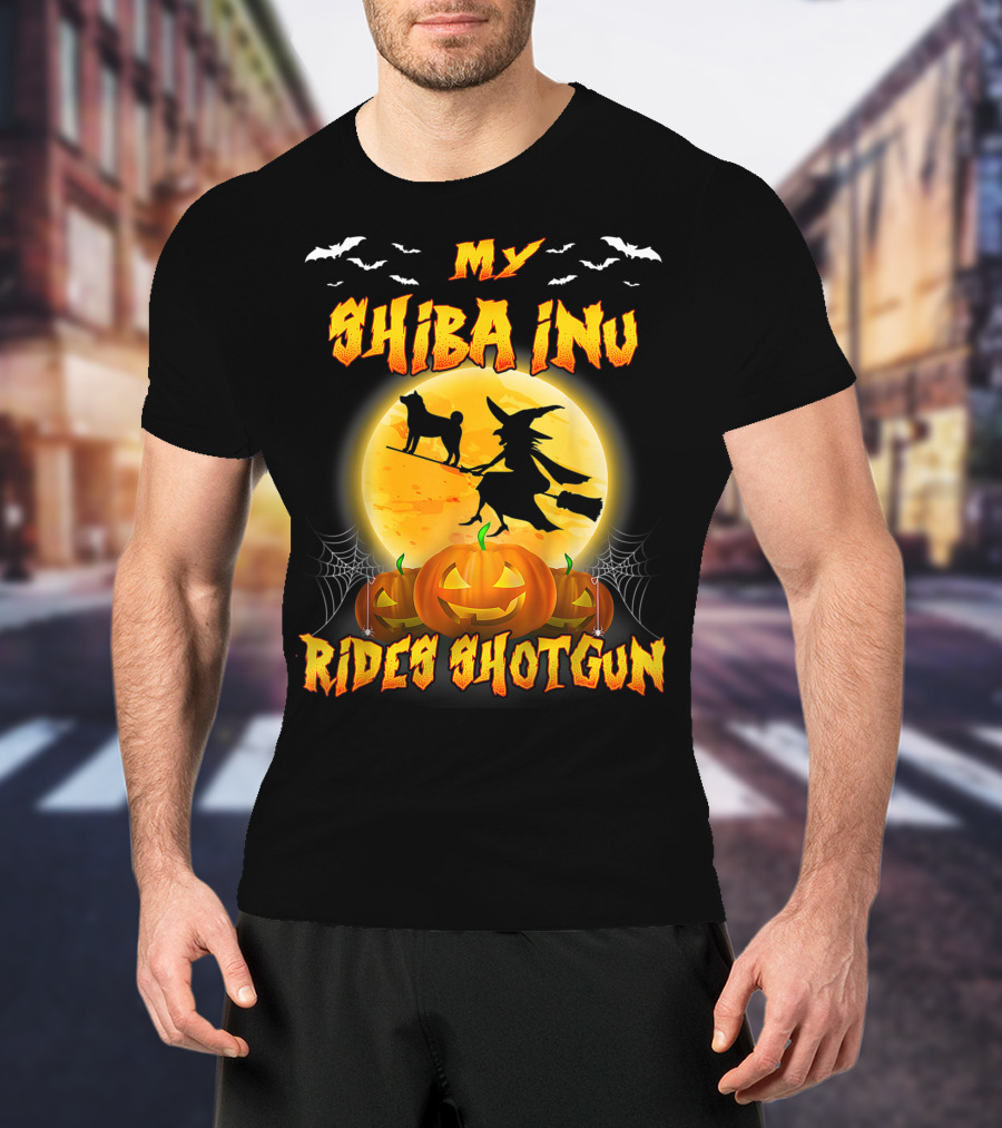 My Shiba Inu Rides Shotgun Halloween Moon Witch Pumpkins T-Shirt