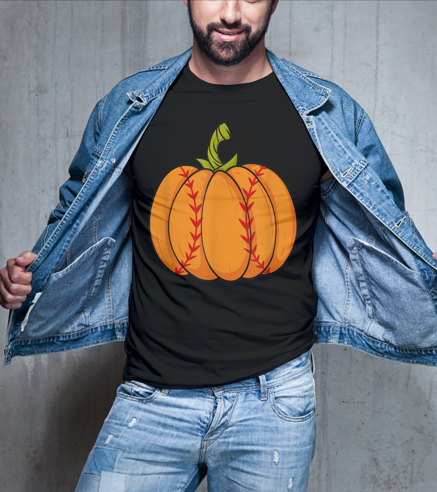 Thanksgiving Baseball Halloween Pumpkin Boys Pitcher Catcher Colorful Stitched T-Shirt