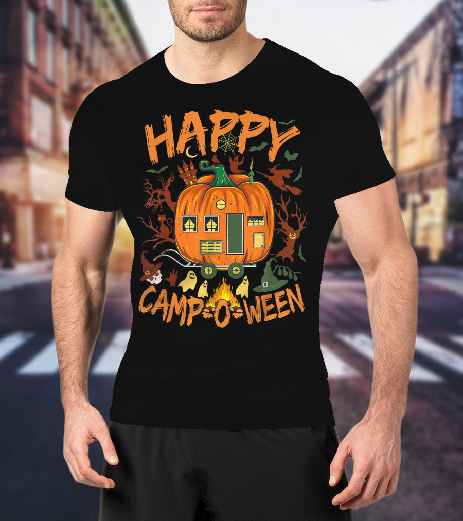 Happy Camp O Ween Halloween Camping Camper With Pumpkin, Ghosts, And Witch Hat T-Shirt