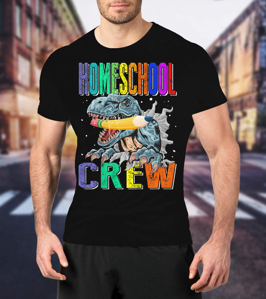 Homeschool Crew Dinosaur Funny Back To School Rainbow Colorful Pencil T-Rex T-Shirt