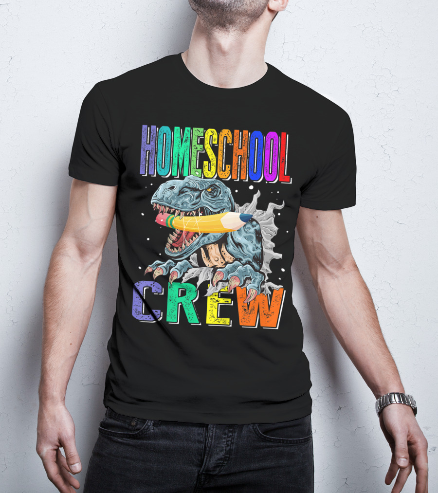 Homeschool Crew Dinosaur Funny Back To School Rainbow Colorful Pencil T-Rex T-Shirt
