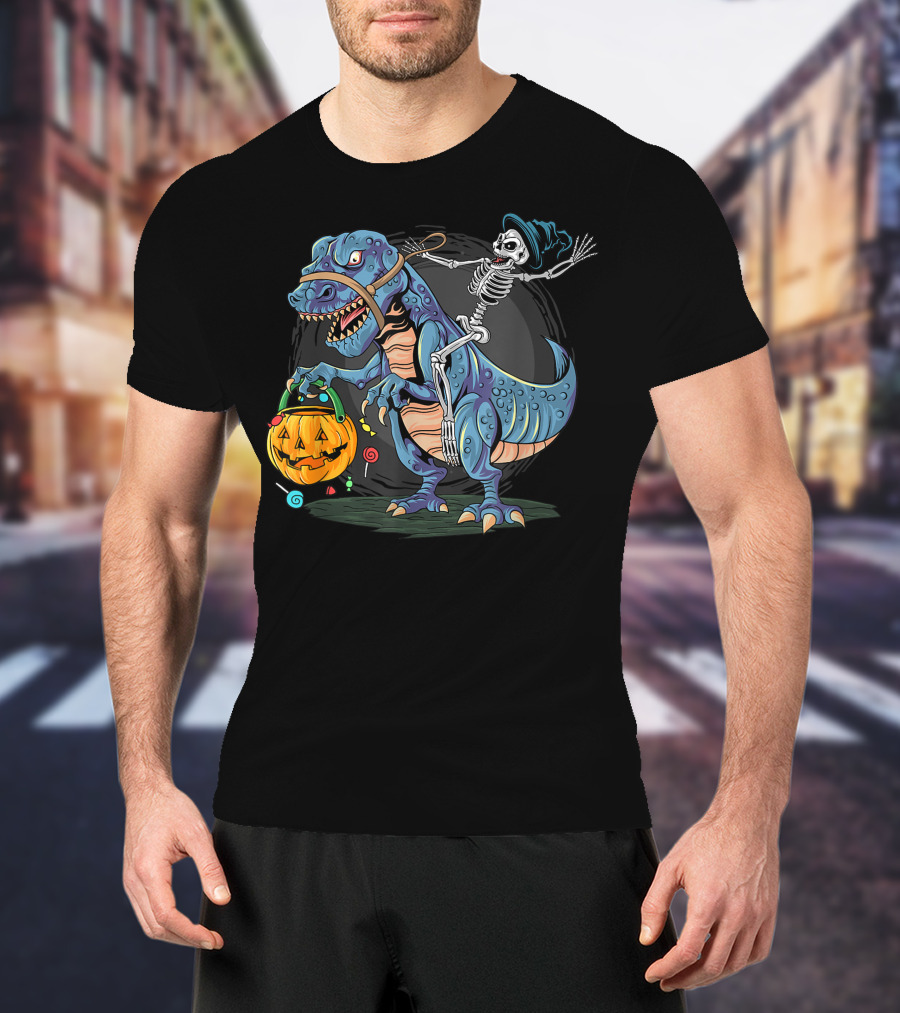 Skeleton With Candy Pumpkin Riding Rex Halloween T-Shirt