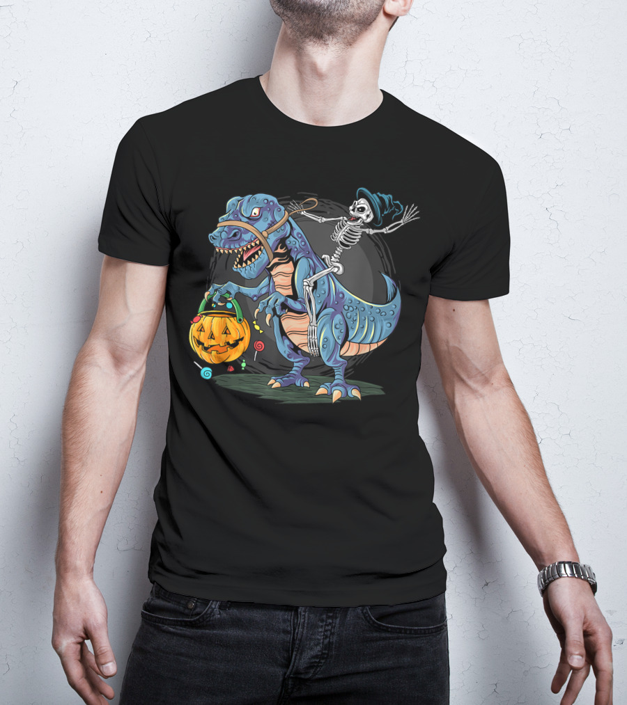 Skeleton With Candy Pumpkin Riding Rex Halloween T-Shirt