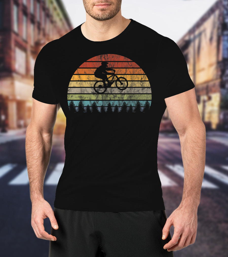 Mountain Bike Bicycle Rider Retro Sunset Cycling Forest T-Shirt