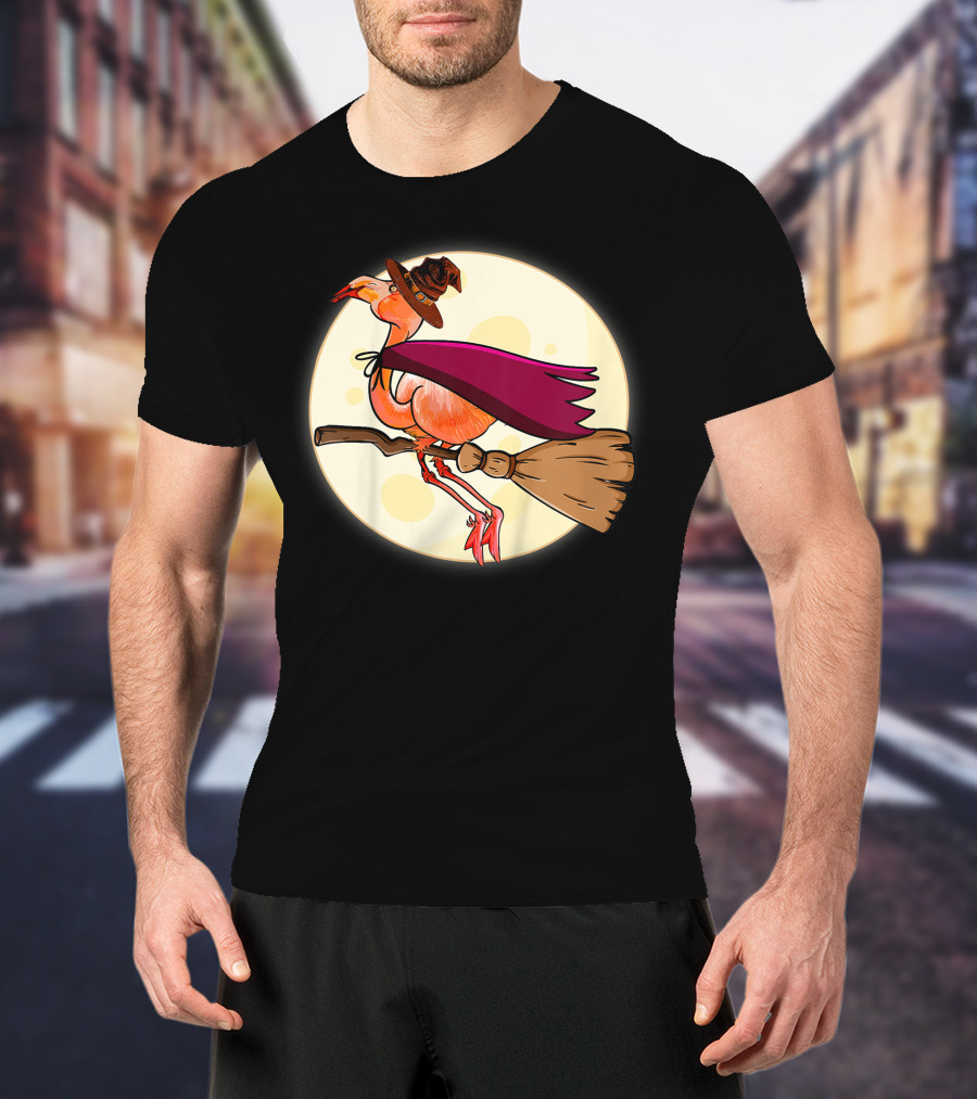Funny Flamingo Witch Halloween Costume Colorful Lovers Broomstick Moon Hat T-Shirt