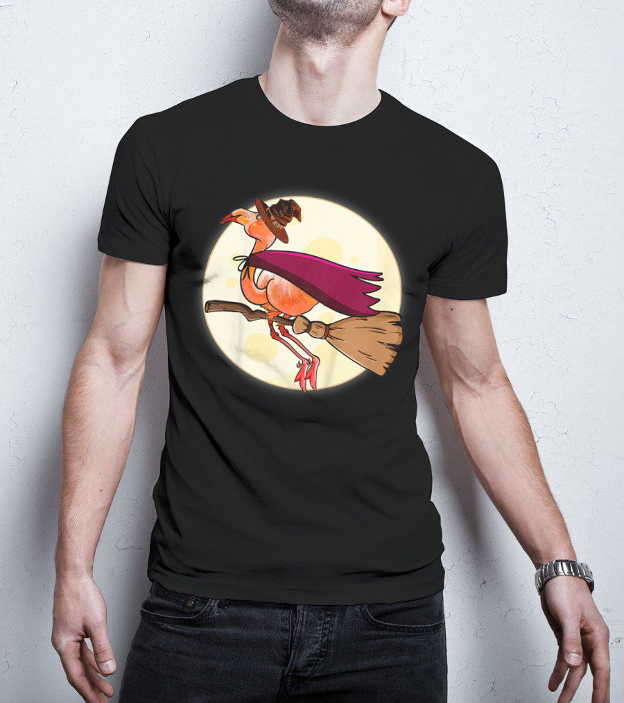Funny Flamingo Witch Halloween Costume Colorful Lovers Broomstick Moon Hat T-Shirt
