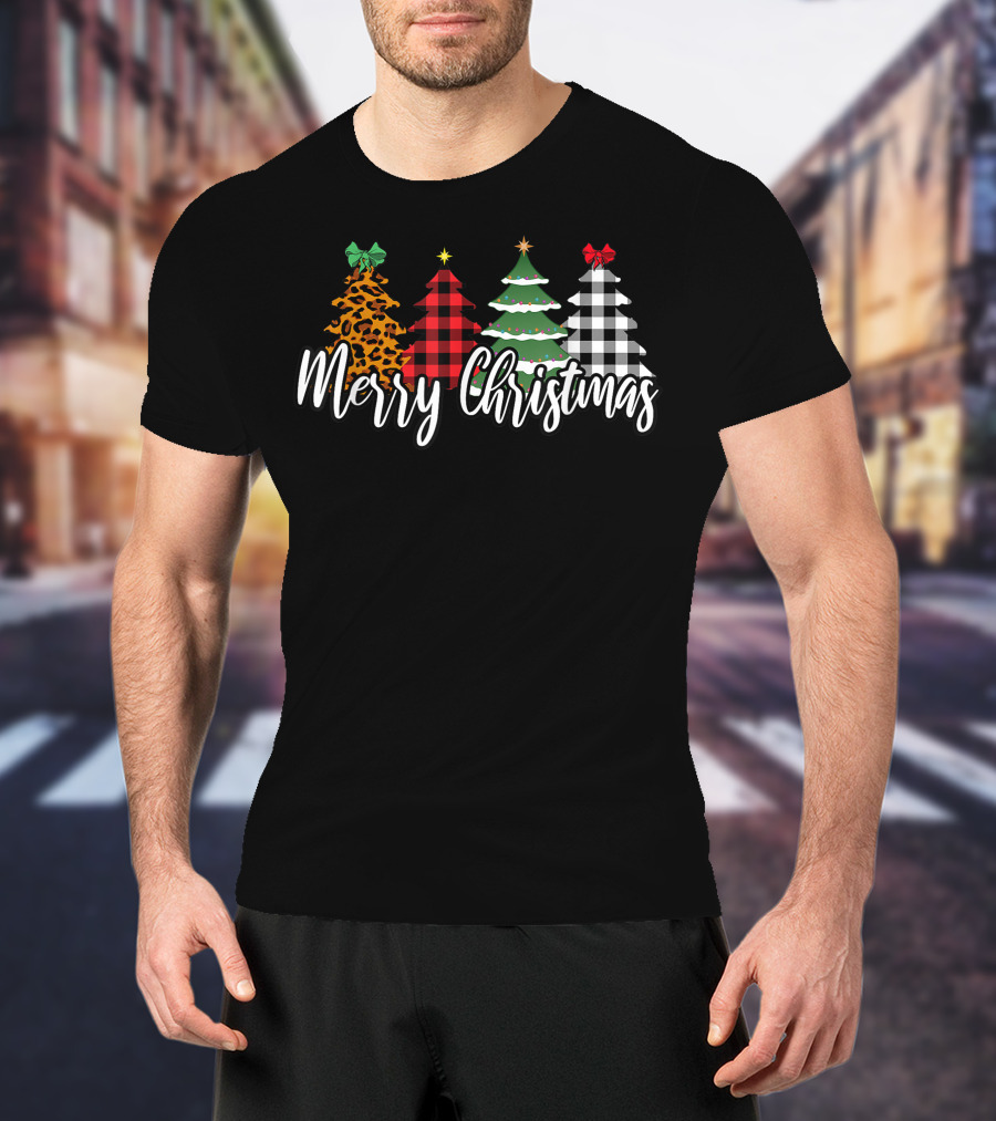 Merry Christmas Leopard Print Buffalo Plaid Holiday Trees T-Shirt