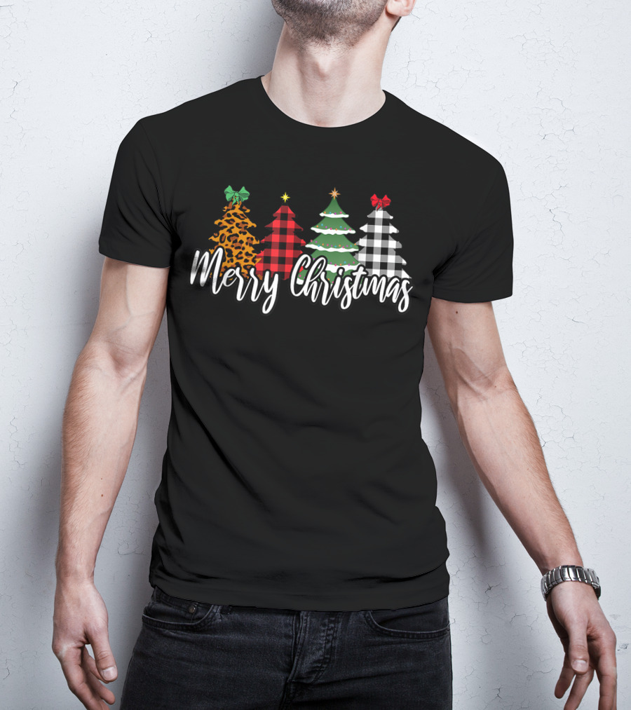 Merry Christmas Leopard Print Buffalo Plaid Holiday Trees T-Shirt