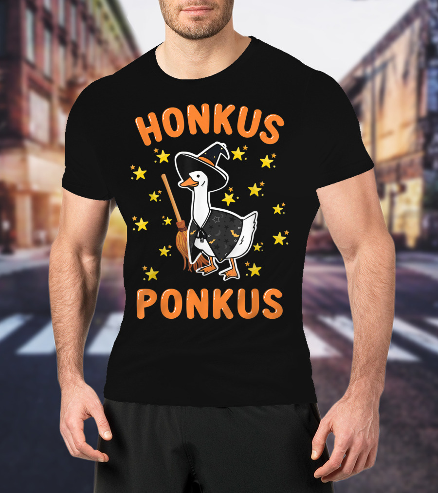 Honkus Ponkus Witch Goose Halloween Magic Stars Broom T-Shirt