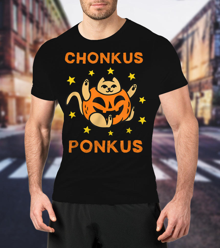 Chonkus Ponkus Funny Halloween Pumpkin Chubby Cat With Stars T-Shirt