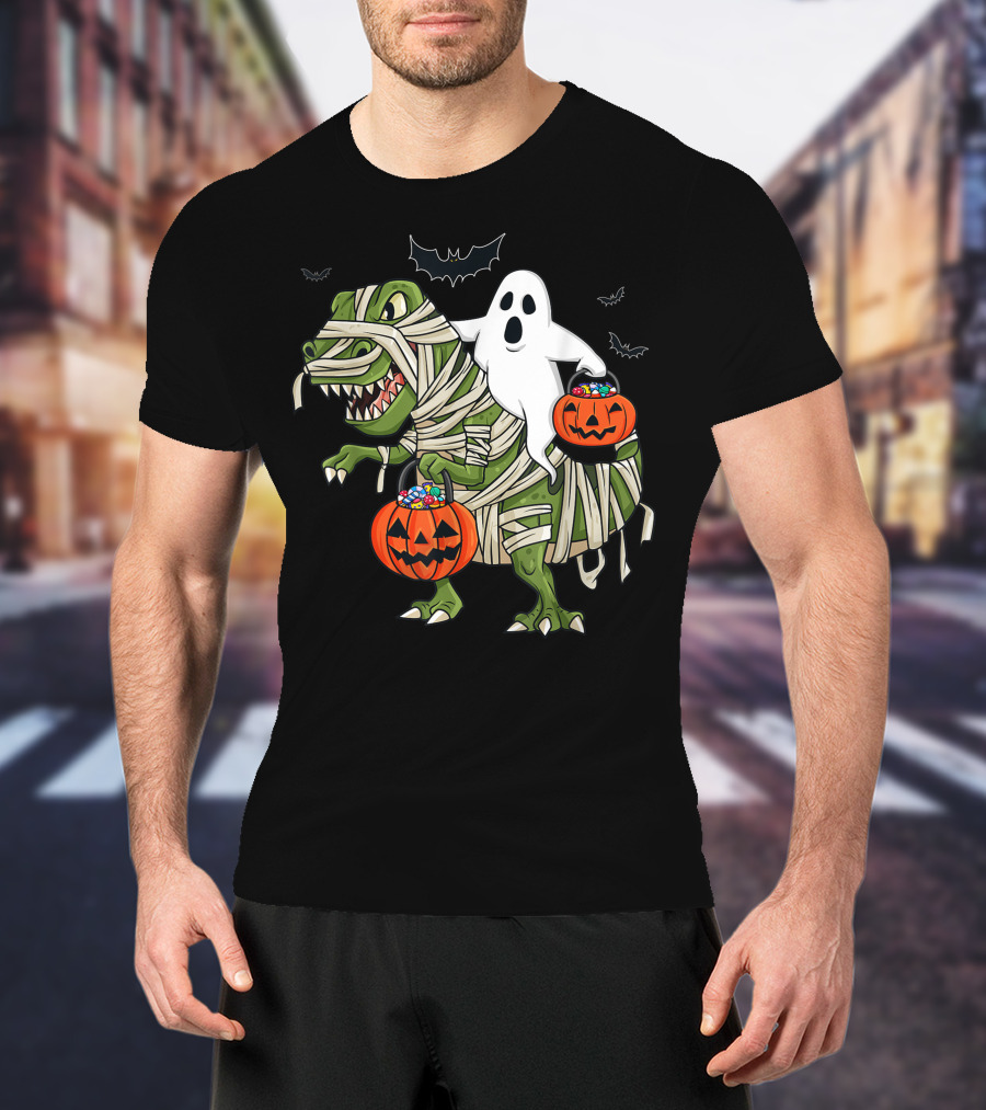 Halloween Ghost Riding Mummy Dinosaur With Pumpkins And Bats T-Shirt