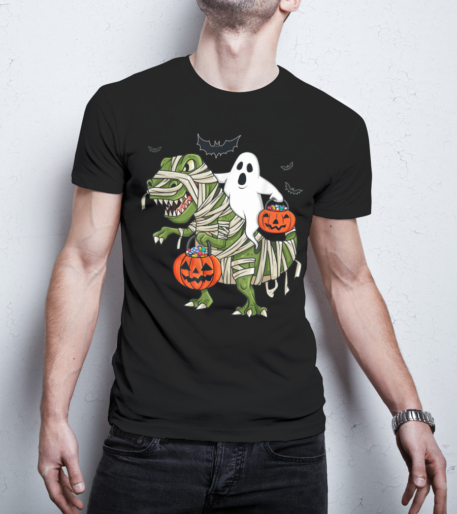 Halloween Ghost Riding Mummy Dinosaur With Pumpkins And Bats T-Shirt