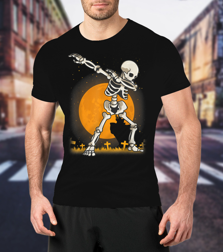 Dabbing Skeleton Dab Best Costume Halloween Moon Graveyard T-Shirt