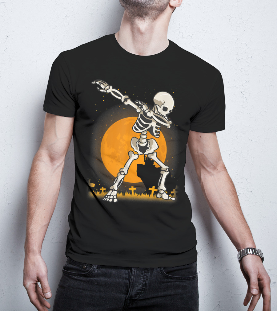 Dabbing Skeleton Dab Best Costume Halloween Moon Graveyard T-Shirt