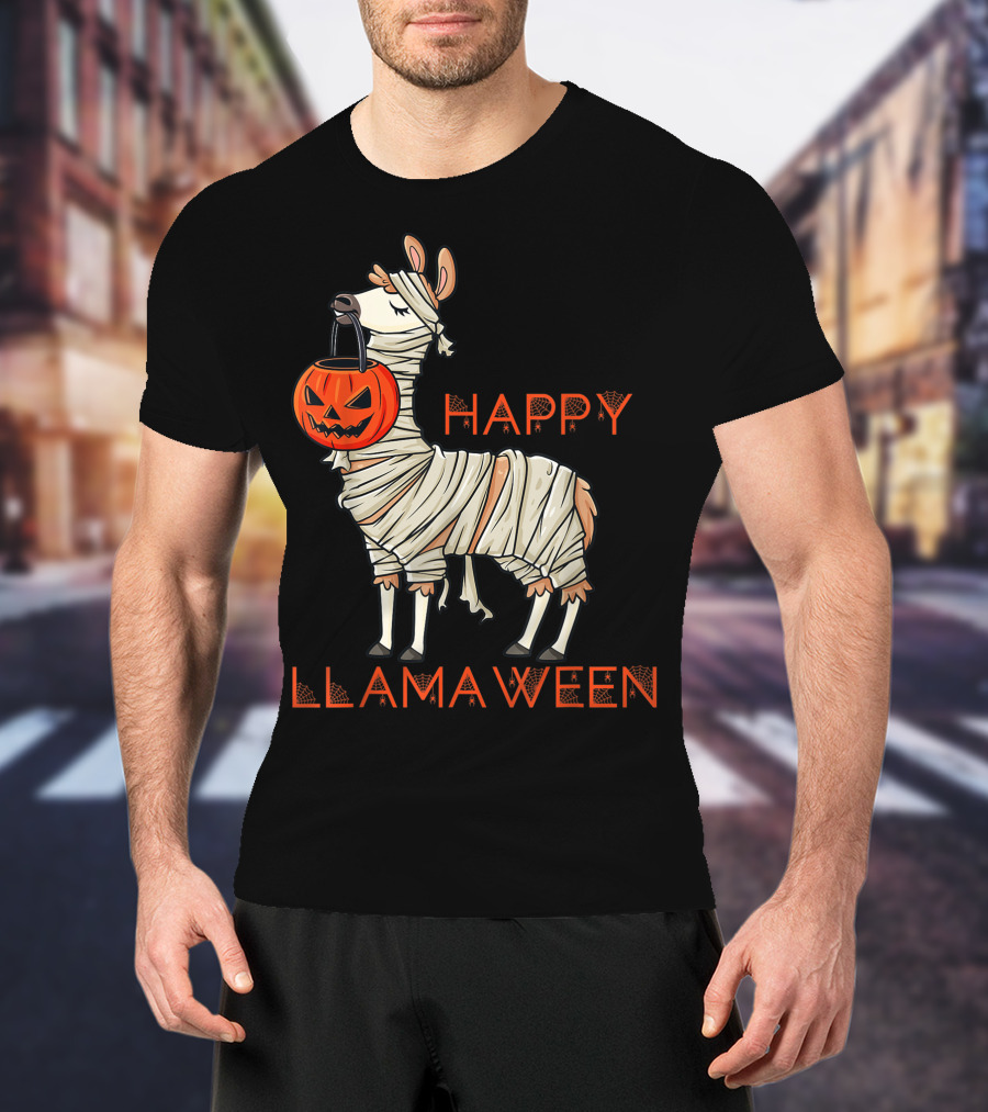 Halloween Llama Mummy Holding Pumpkin Happy Llamaween T-Shirt