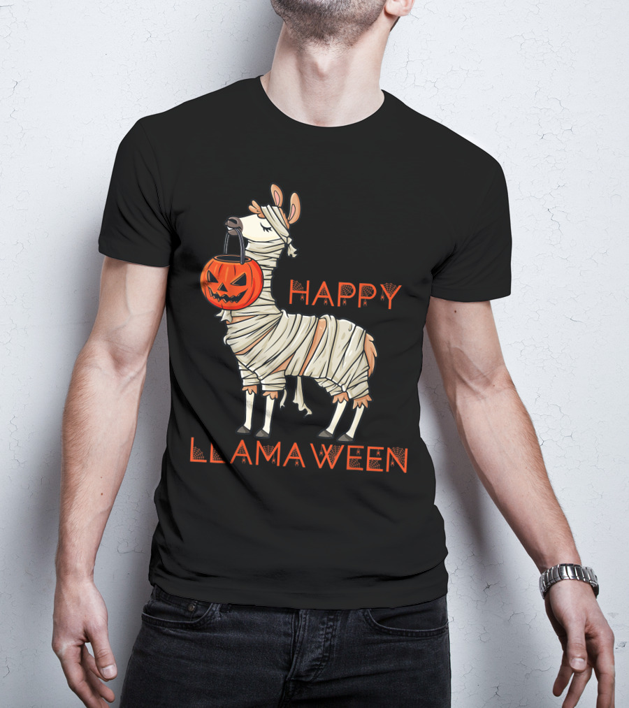 Halloween Llama Mummy Holding Pumpkin Happy Llamaween T-Shirt