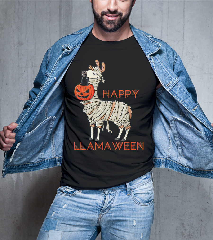 Halloween Llama Mummy Holding Pumpkin Happy Llamaween T-Shirt
