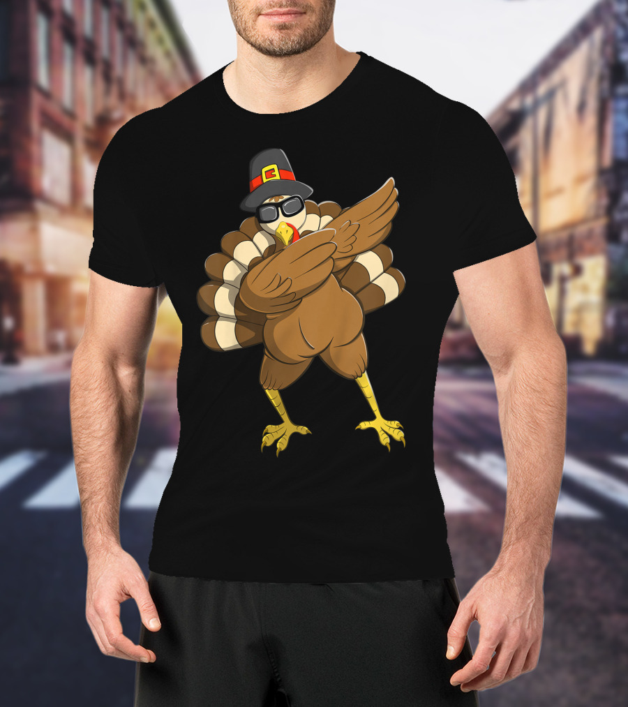 Happy Thanksgiving Day Family Funny Dab Turkey With Pilgrim Hat T-Shirt