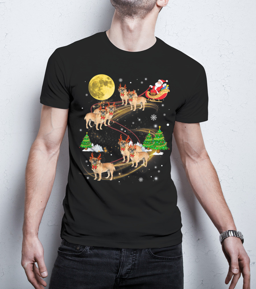 Puggle Reindeer Christmas Santa Sleigh Full Moon Holiday Scene T-Shirt