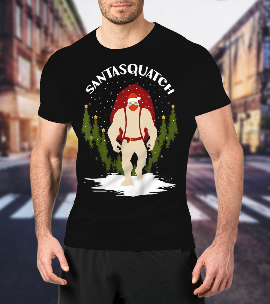 Santasquatch Bigfoot Christmas Santa Hat With Trees And Snowflakes T-Shirt