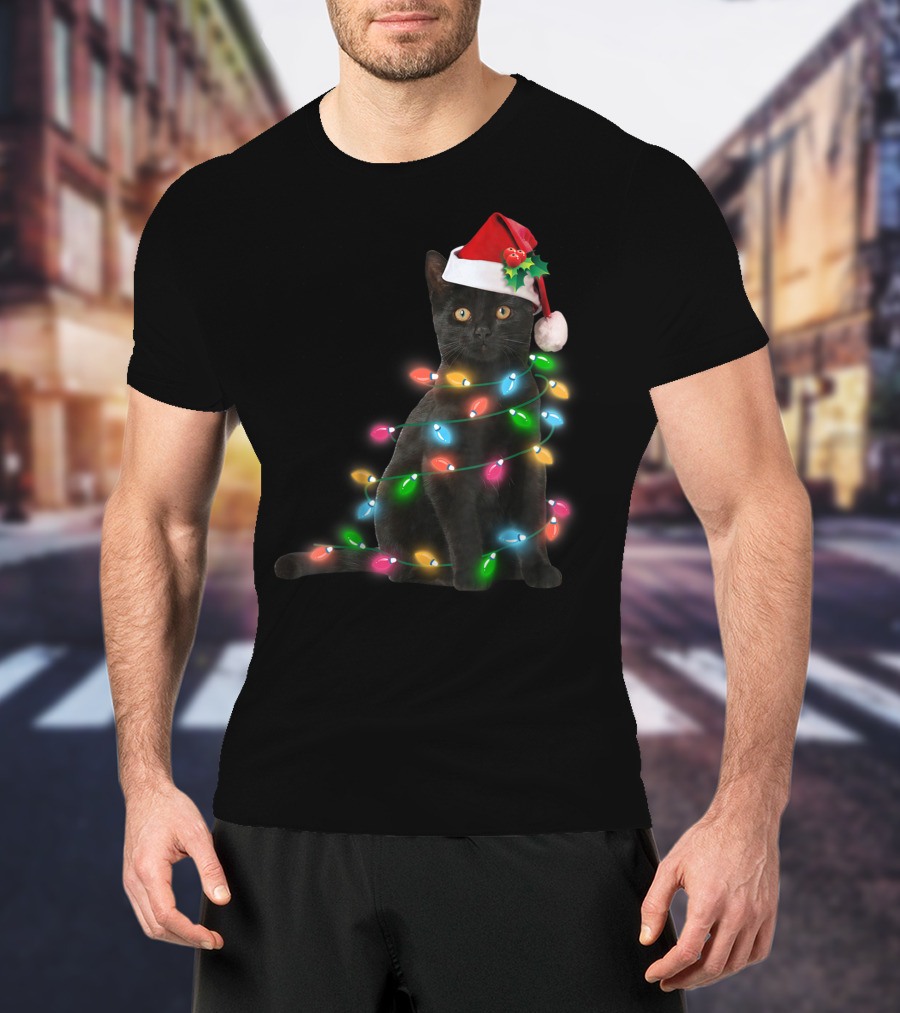 Black Cat In Christmas Lights With Santa Hat For Funny Cat Lover T-Shirt