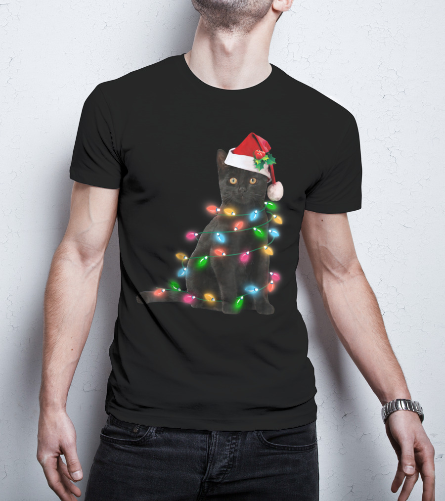 Black Cat In Christmas Lights With Santa Hat For Funny Cat Lover T-Shirt