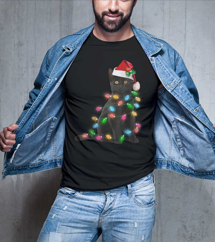 Black Cat In Christmas Lights With Santa Hat For Funny Cat Lover T-Shirt