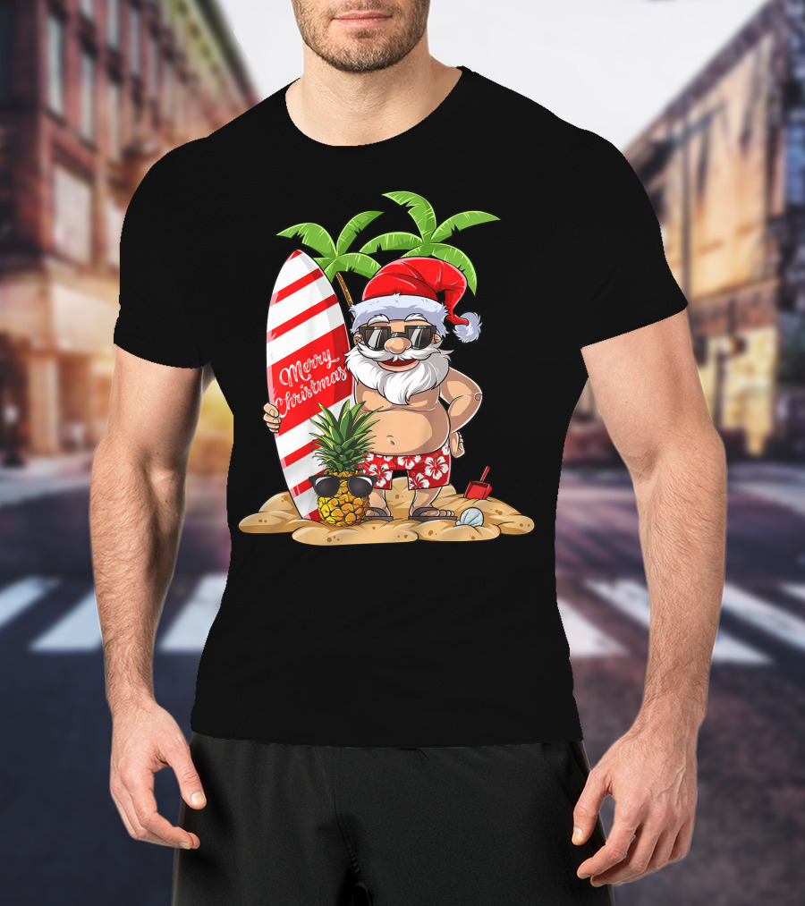Merry Christmas Santa Hawaiian Surfing Summer Fun Pineapple Beach T-Shirt