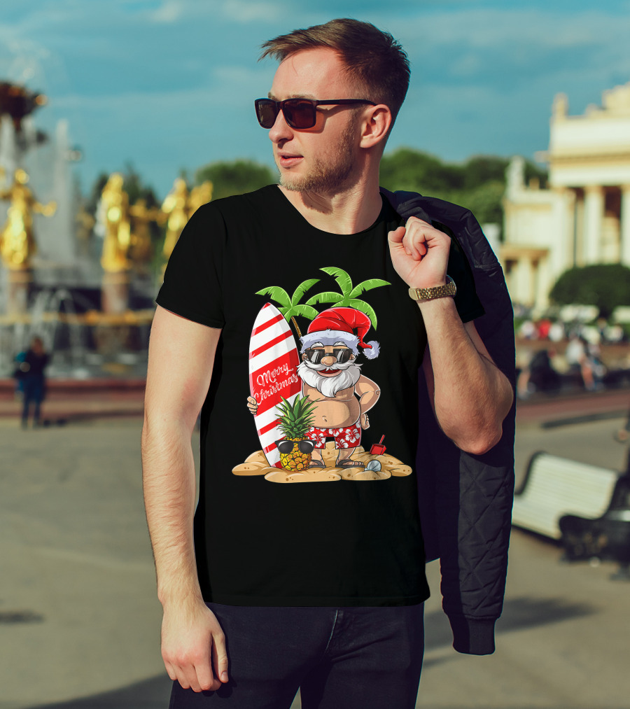 Merry Christmas Santa Hawaiian Surfing Summer Fun Pineapple Beach T-Shirt