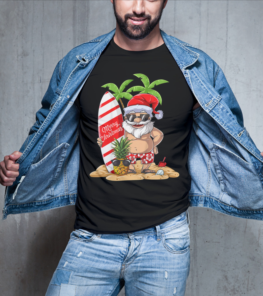 Merry Christmas Santa Hawaiian Surfing Summer Fun Pineapple Beach T-Shirt
