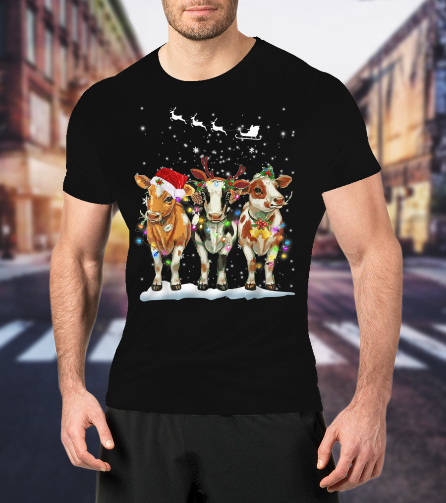 Cow Reindeer Hat Santa Christmas Light Sleigh Snowflakes T-Shirt