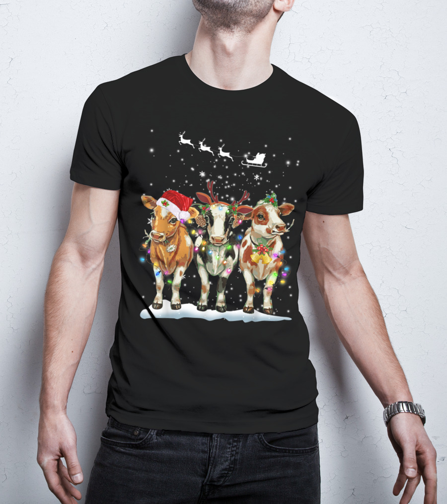 Cow Reindeer Hat Santa Christmas Light Sleigh Snowflakes T-Shirt