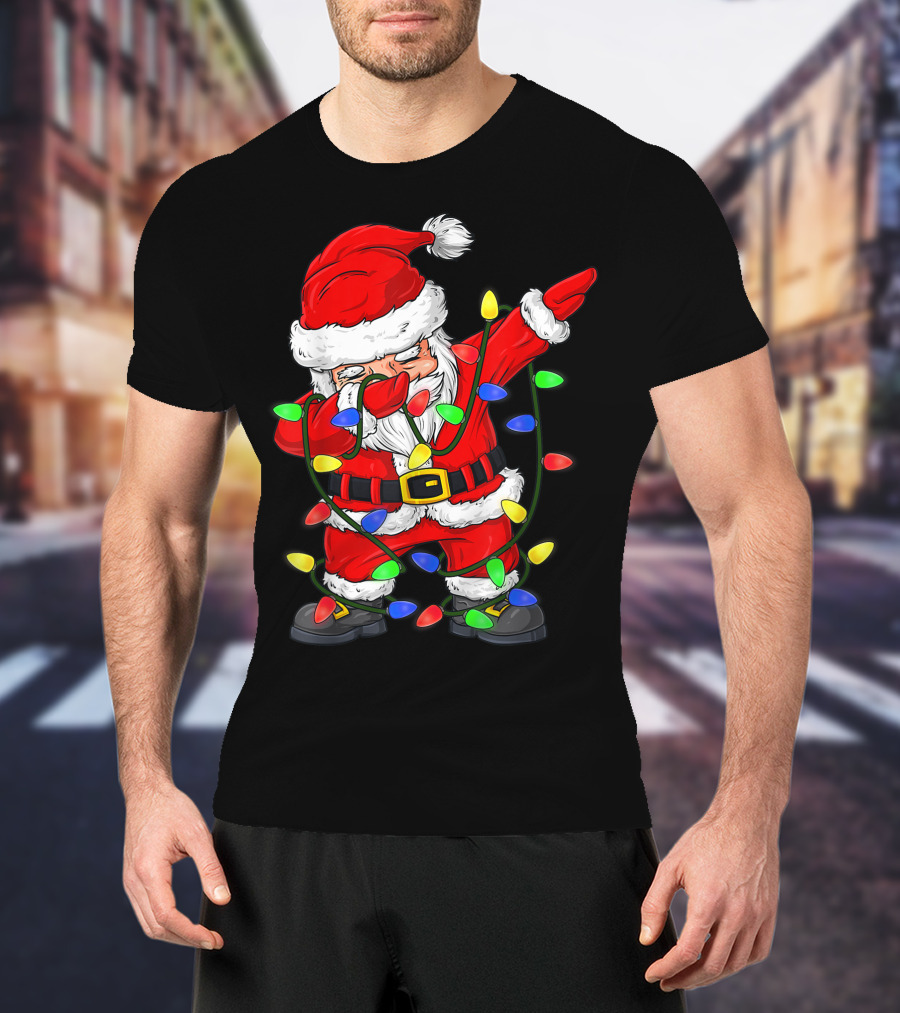 Dabbing Santa Claus Wrapped In Christmas Tree Lights T-Shirt