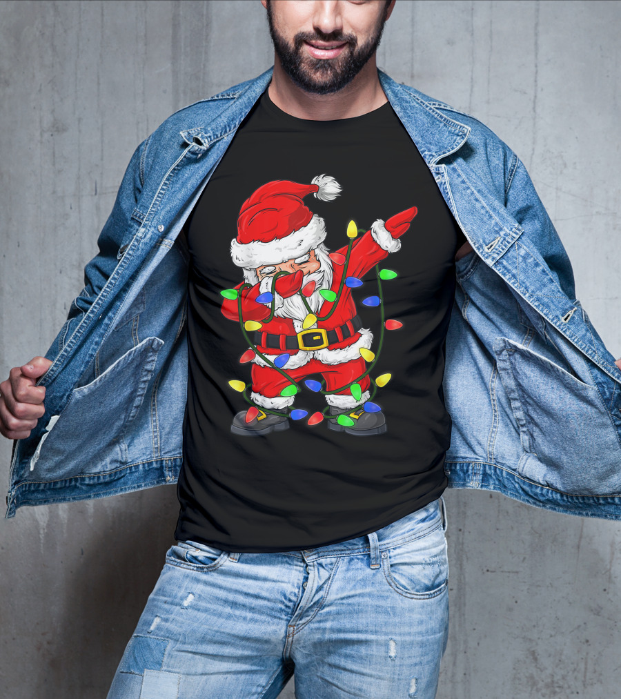 Dabbing Santa Claus Wrapped In Christmas Tree Lights T-Shirt