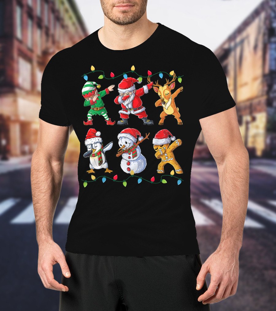 Dabbing Santa Claus Elf Reindeer Penguin Snowman Gingerbread Friends Christmas Lights T-Shirt