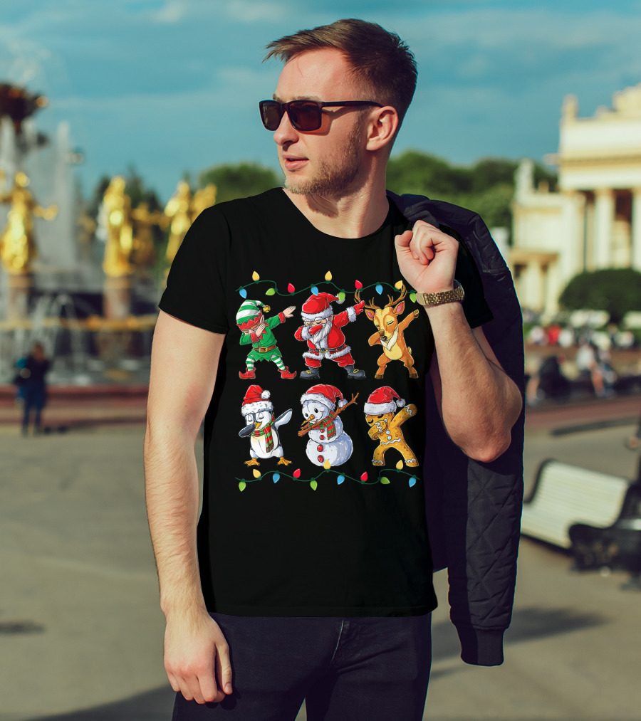 Dabbing Santa Claus Elf Reindeer Penguin Snowman Gingerbread Friends Christmas Lights T-Shirt