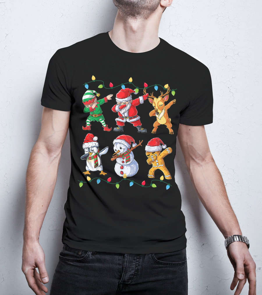 Dabbing Santa Claus Elf Reindeer Penguin Snowman Gingerbread Friends Christmas Lights T-Shirt
