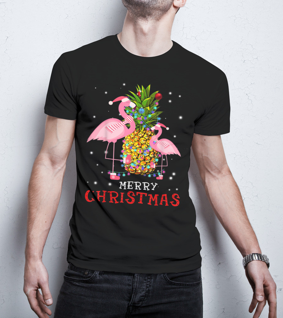 Merry Christmas Flamingo Pineapple With Xmas Lights T-Shirt