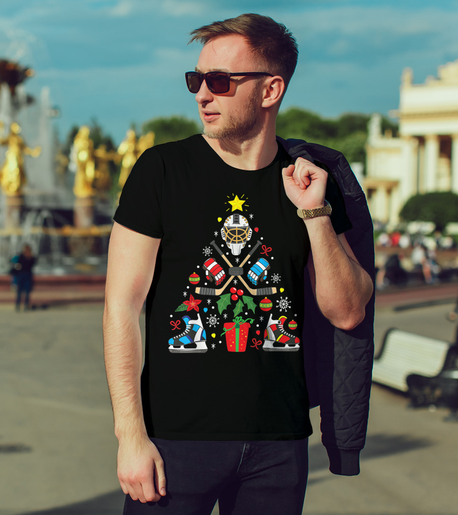 Ice Hockey Christmas Ornament Tree With Skates And Goalie Mask T-Shirt