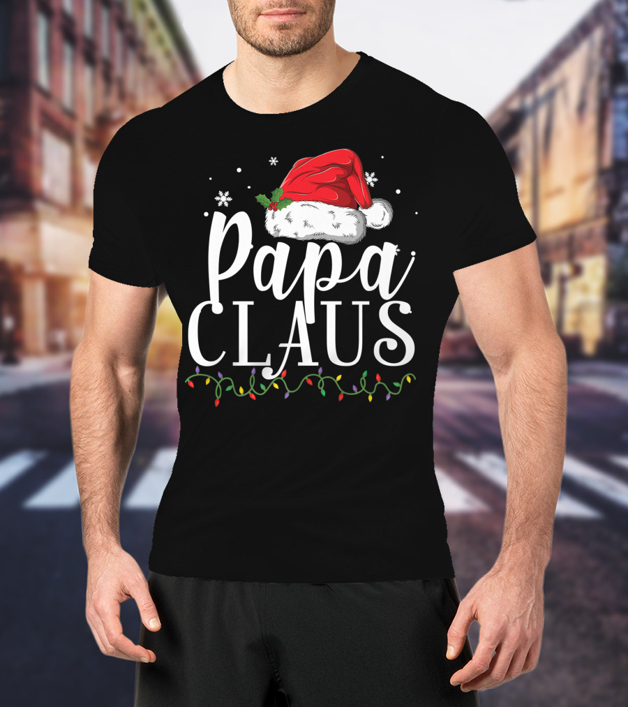 Papa Claus Christmas Hat Snowflakes Lights T-Shirt