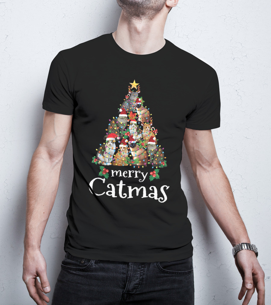 Merry Catmas Xmas Kids Funny Cat Christmas Tree With Cats In Santa Hats And Lights T-Shirt