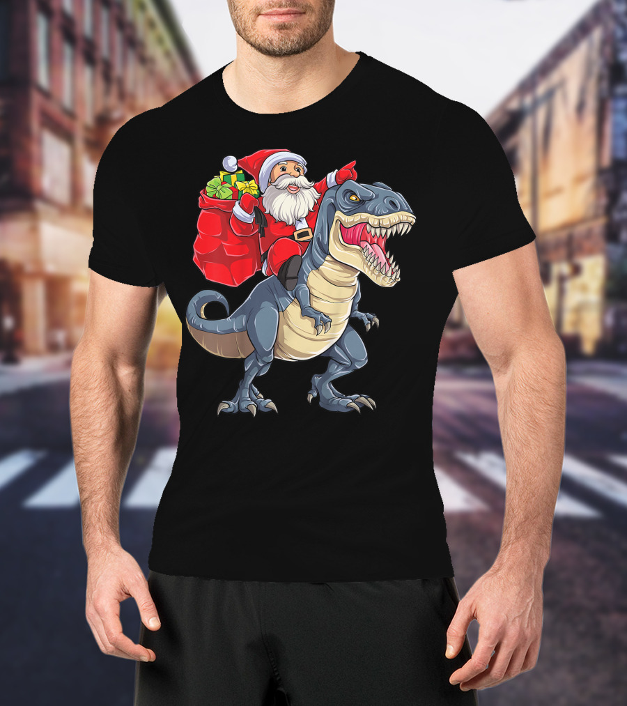 Santa Claus Riding T-Rex With Gifts T-Shirt