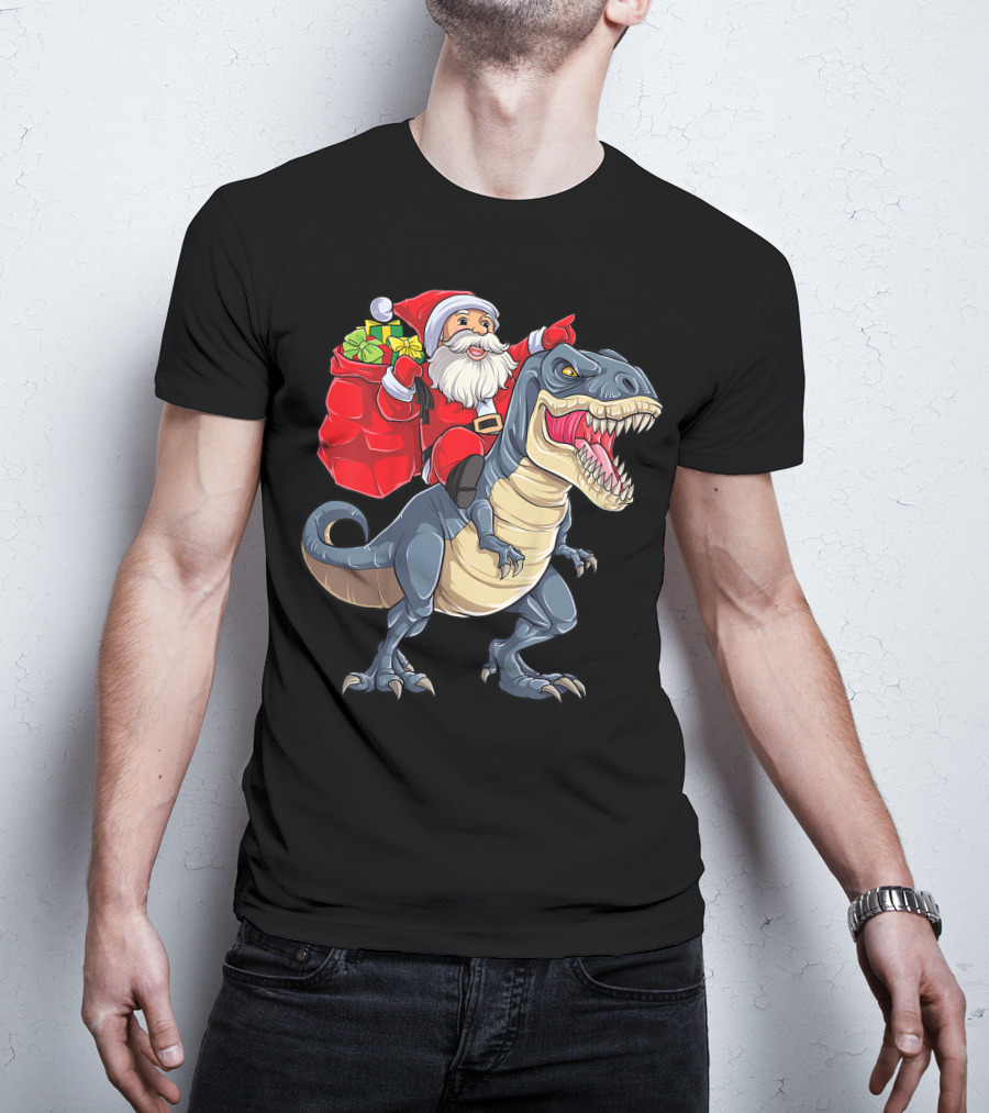 Santa Claus Riding T-Rex With Gifts T-Shirt