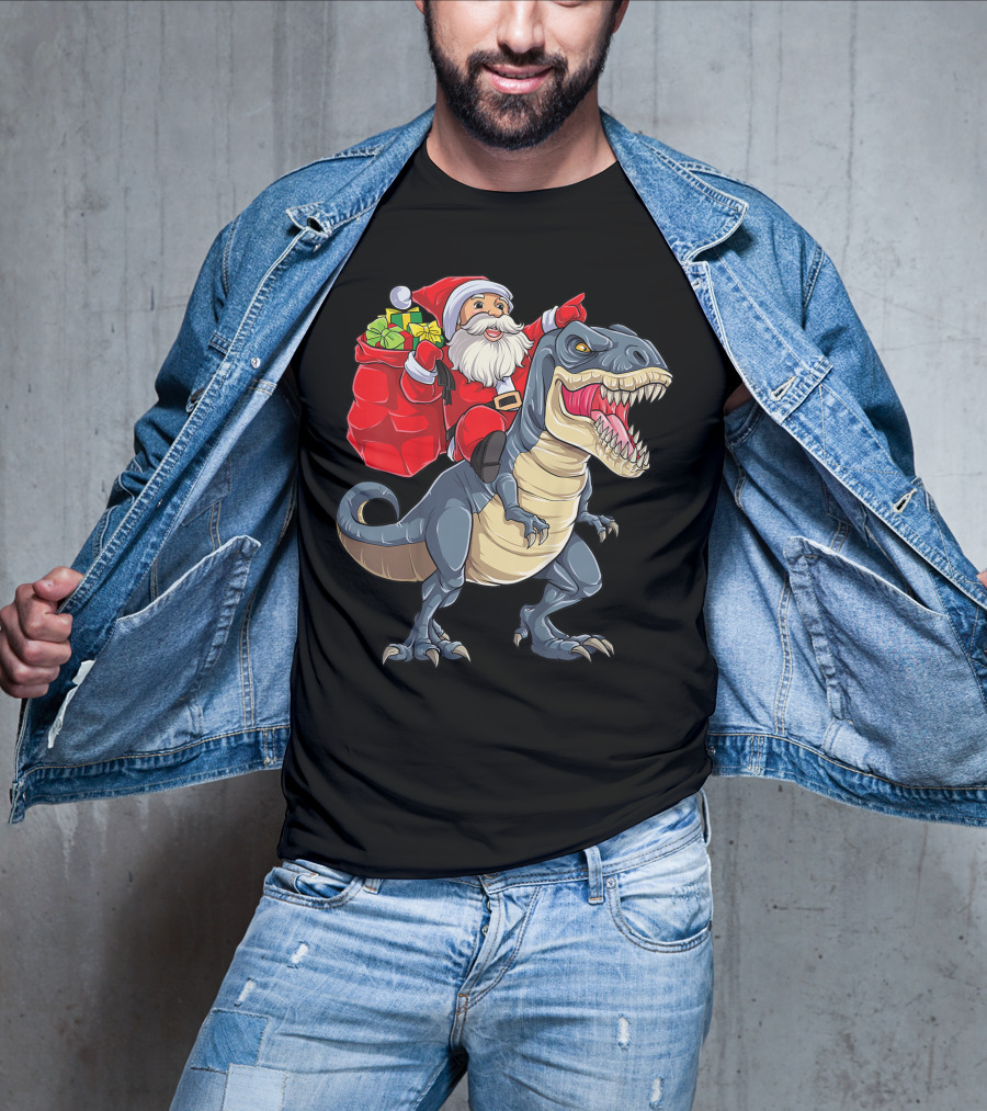 Santa Claus Riding T-Rex With Gifts T-Shirt