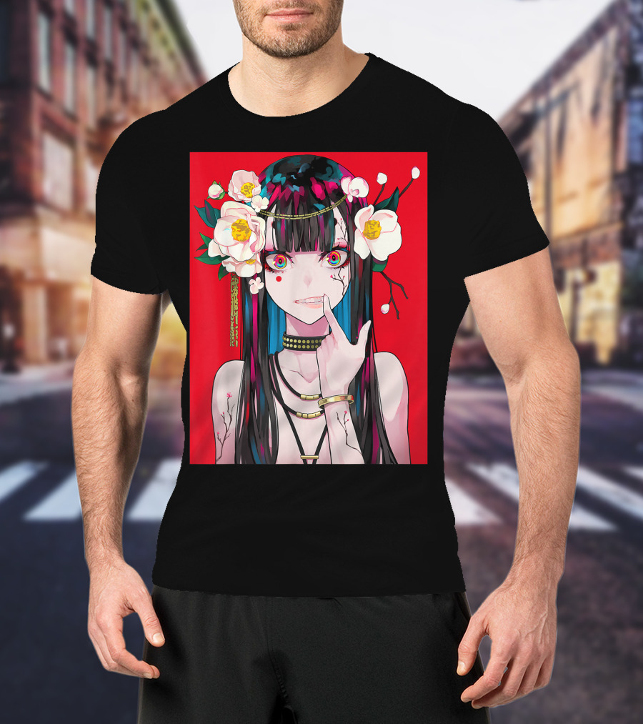 Anime Girl Japanese Aesthetic Otaku Red Background Flowers T-Shirt