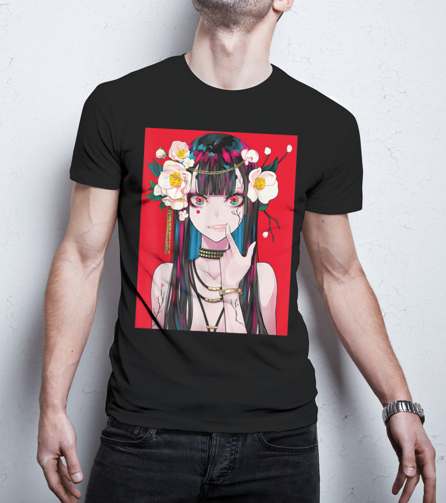 Anime Girl Japanese Aesthetic Otaku Red Background Flowers T-Shirt