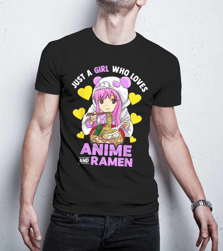 Just A Girl Who Loves Anime And Ramen Panda Hoodie Pink Hair T-Shirt