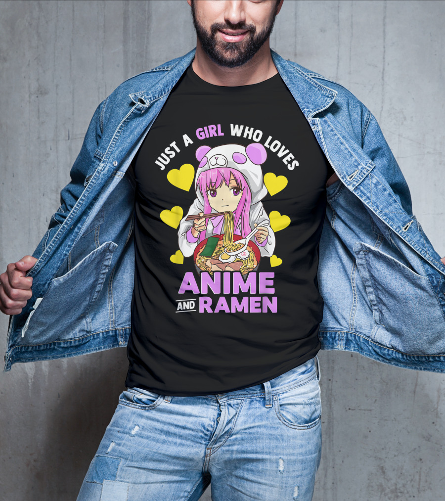 Just A Girl Who Loves Anime And Ramen Panda Hoodie Pink Hair T-Shirt