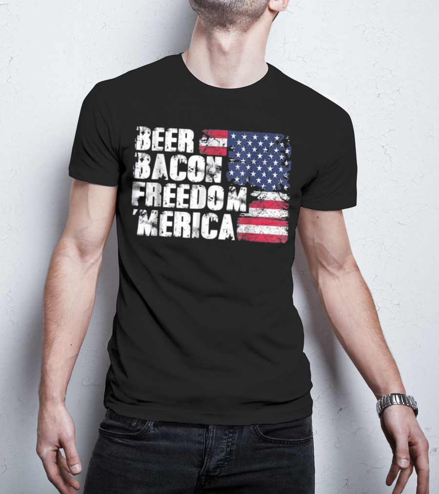 Beer Bacon Freedom Merica American Flag Patriotic T-Shirt